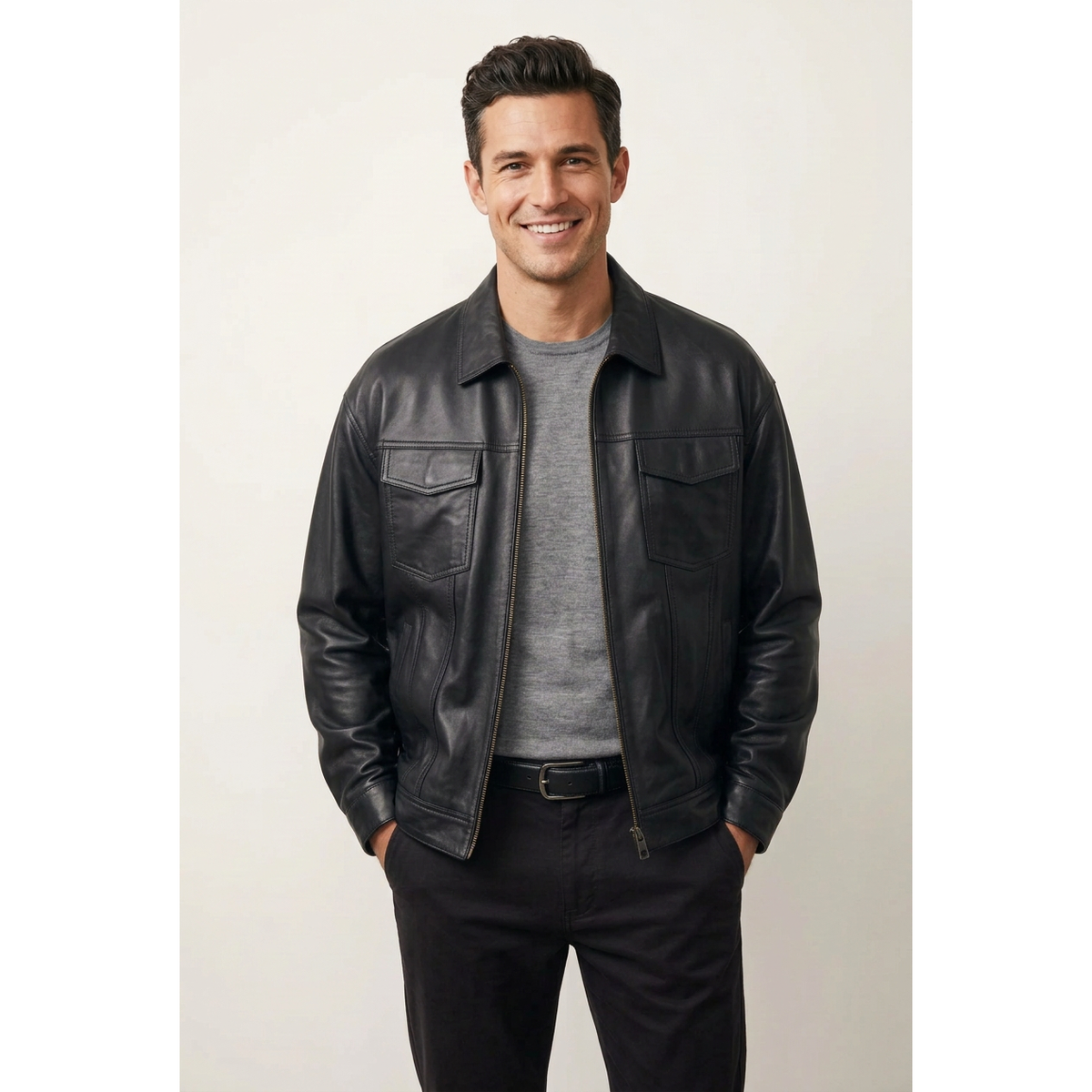 Men's VIA CONDOTTI Fine Lamb Skin Leather Zipper Jacket 2409 Black