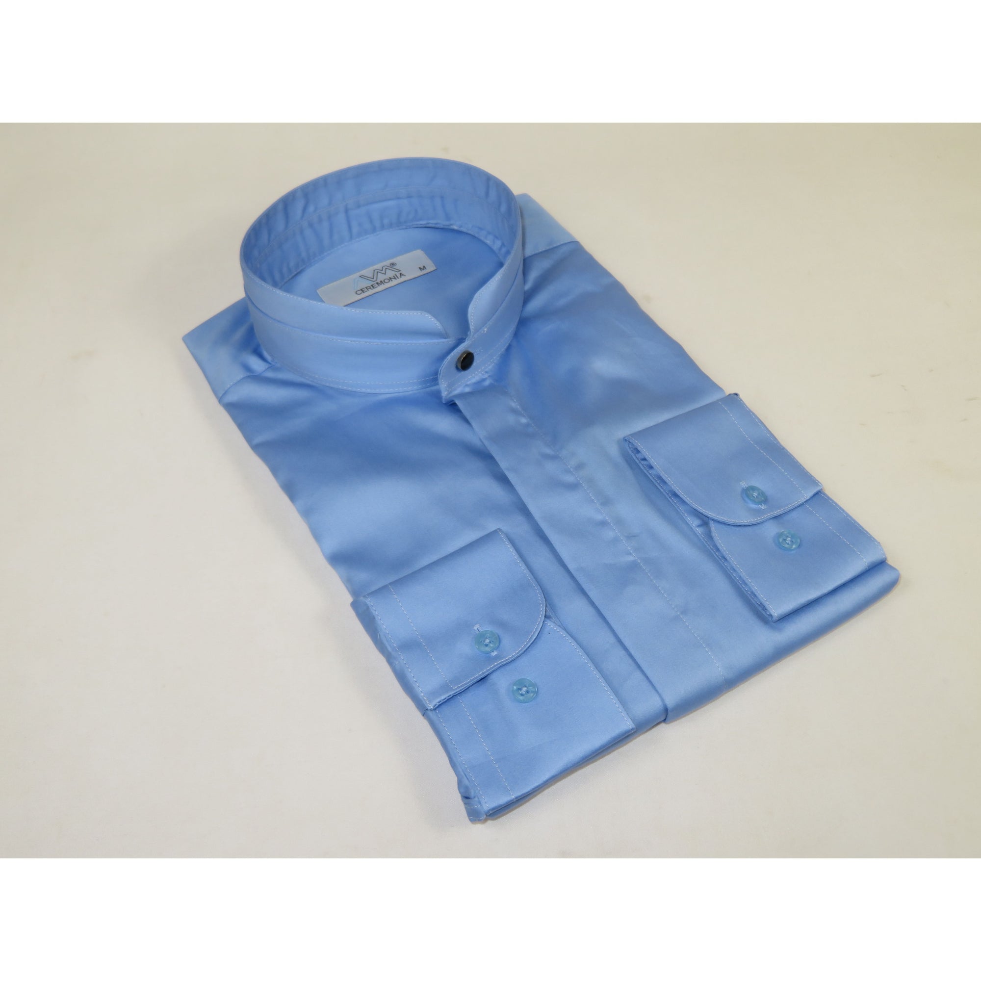 Mens CEREMONIA AVM Turkey Cotton Banded Minister Shirt Angelino-2412 Mid Blue