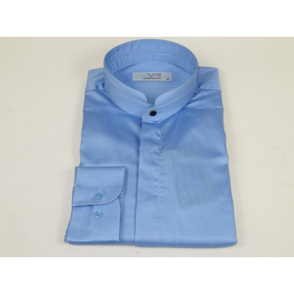 Mens CEREMONIA AVM Turkey Cotton Banded Minister Shirt Angelino-2412 Mid Blue
