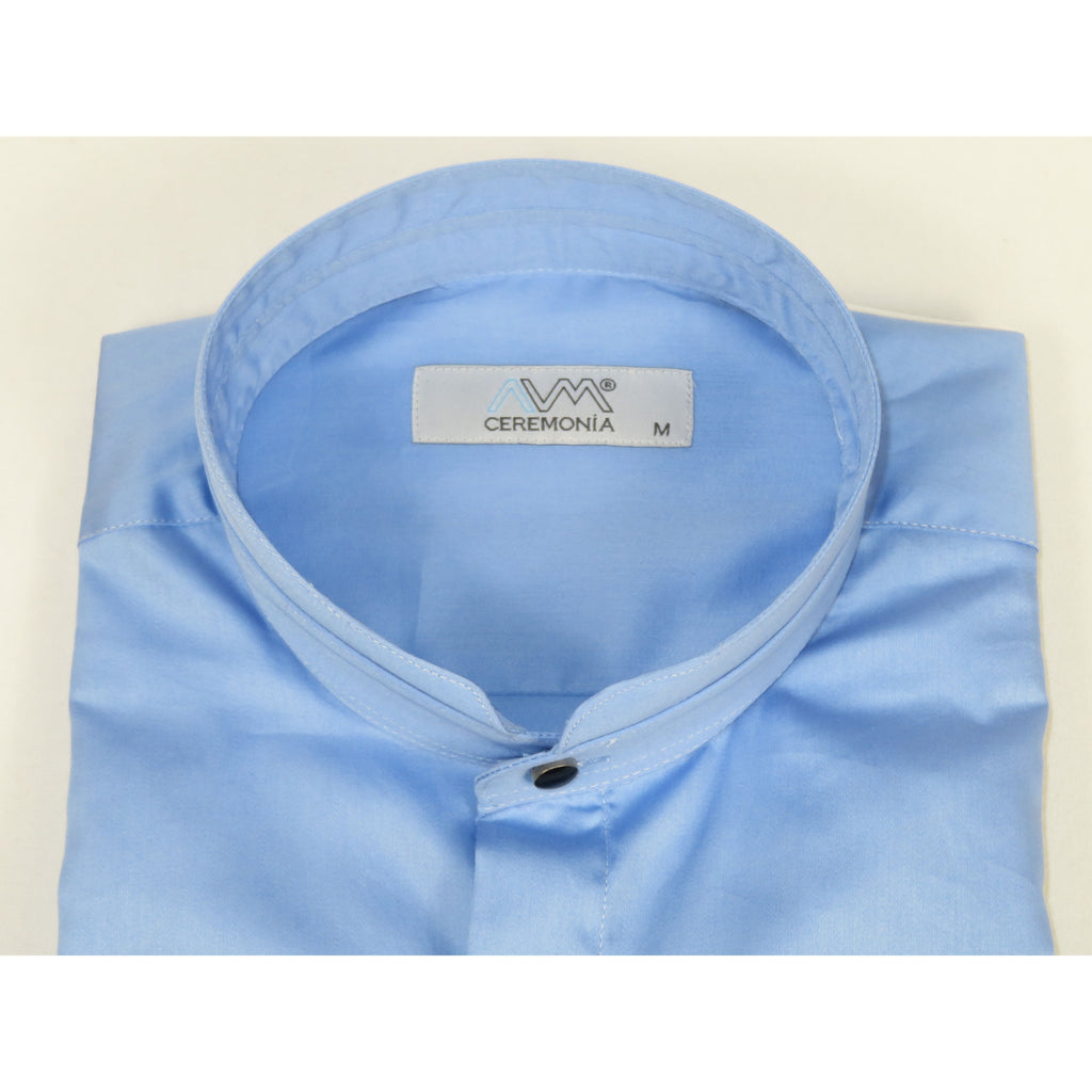 Mens CEREMONIA AVM Turkey Cotton Banded Minister Shirt Angelino-2412 Mid Blue