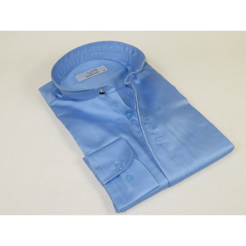 Mens CEREMONIA AVM Turkey Cotton Banded Minister Shirt Angelino-2412 Mid Blue