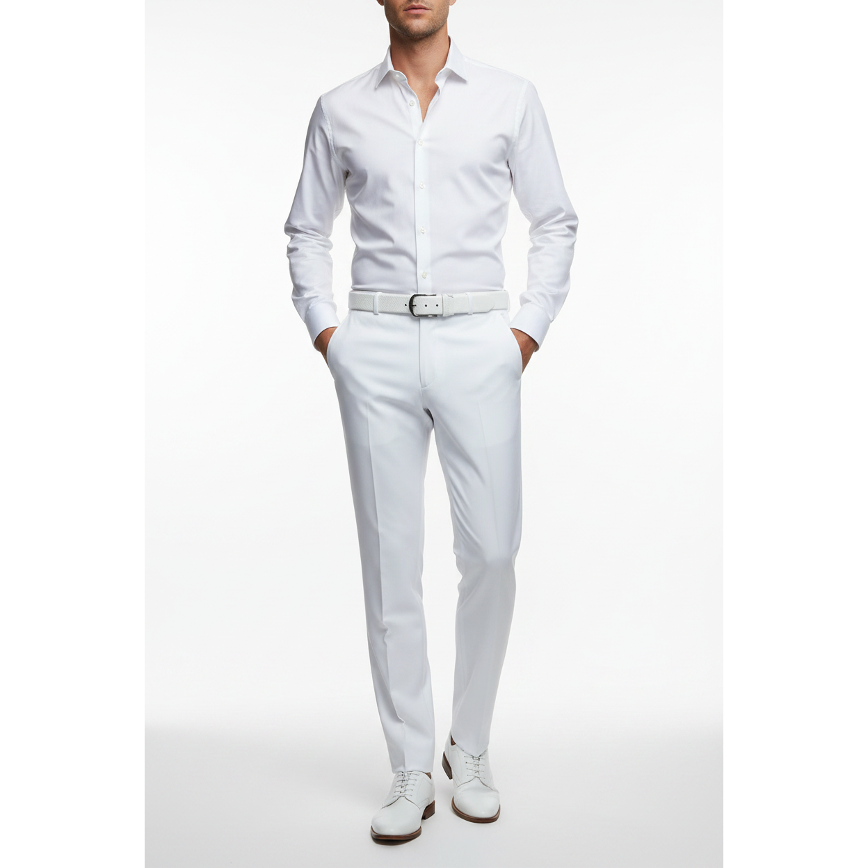 Men's MONO Turkey Slacks Wool Blend Plain Front Slim Fit 2534-10 White