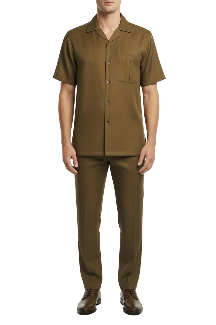 Men 2pc Walking Leisure Suit Short Sleeves By DREAMS 256-22 Solid Caramel