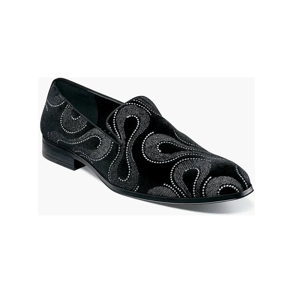 Stacy Adams Swainson Plain Toe Embroidered Slip On Black Silver 25669-042
