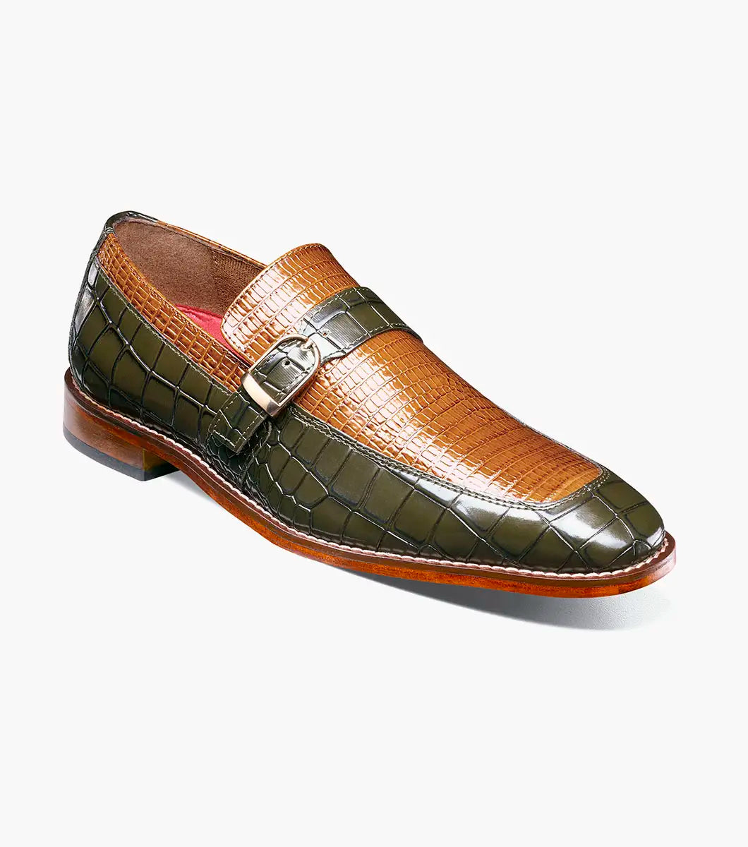 Stacy Adams Rubiano Moc Toe Buckle Strap Slip On Dark Olive Multi 25787-302