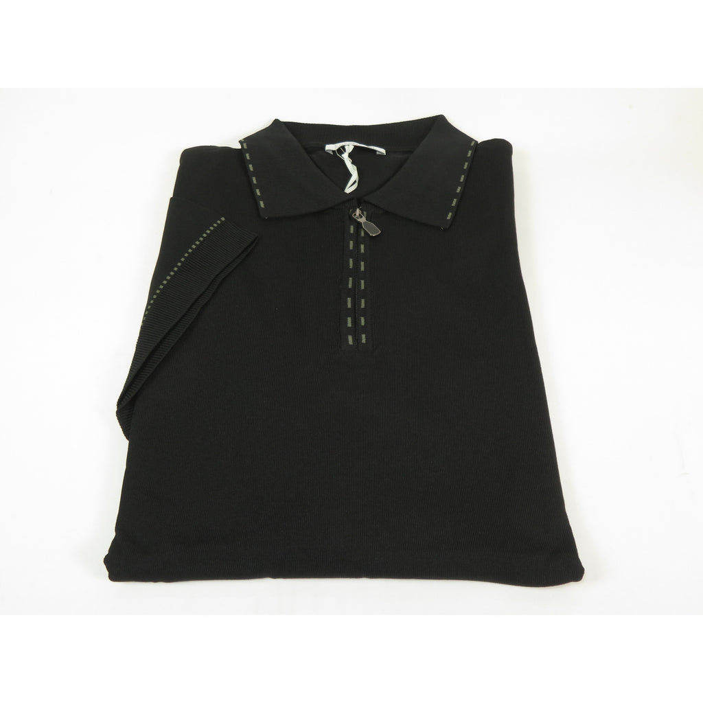 Mens Short Sleeves Fancy Polo Zipper Shirt by Targetti Rome 26605 Black