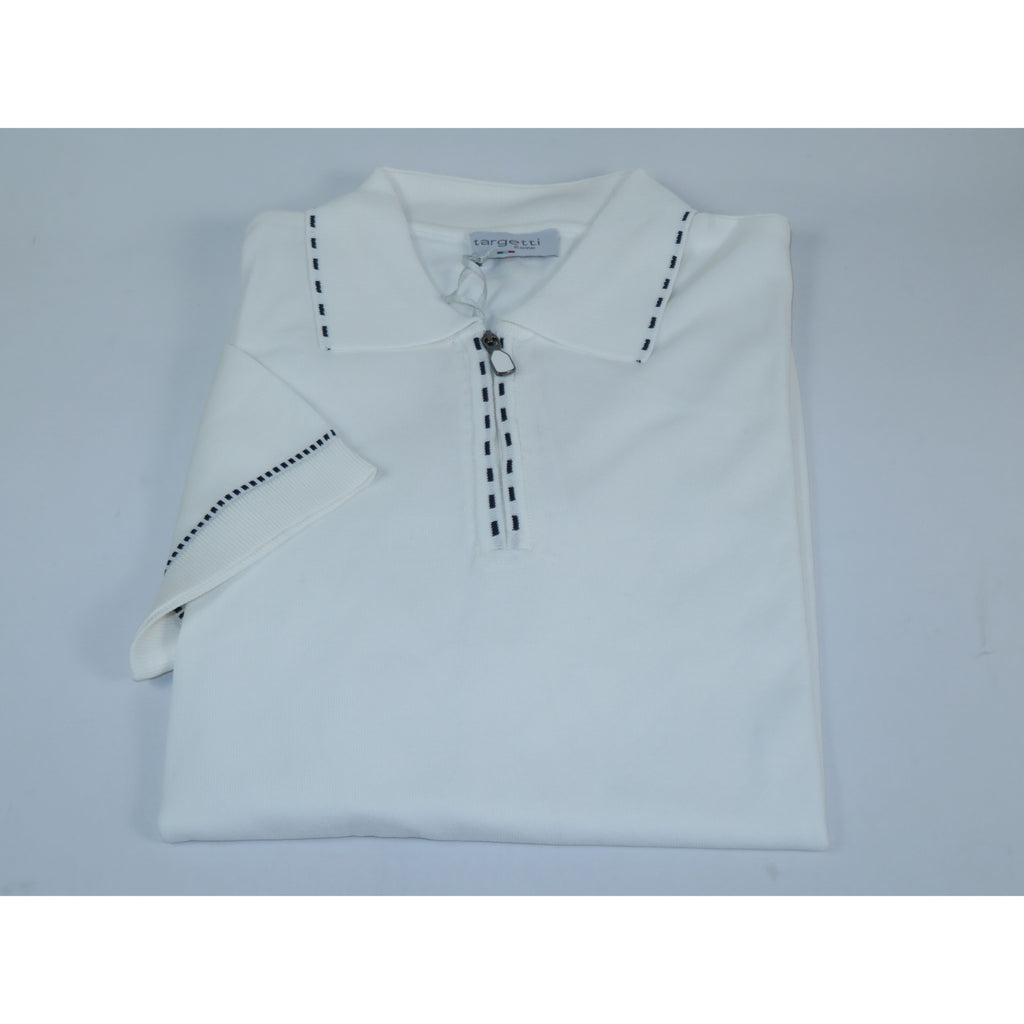 Mens Short Sleeves Fancy Polo Zipper Shirt by Targetti Rome 26605 White