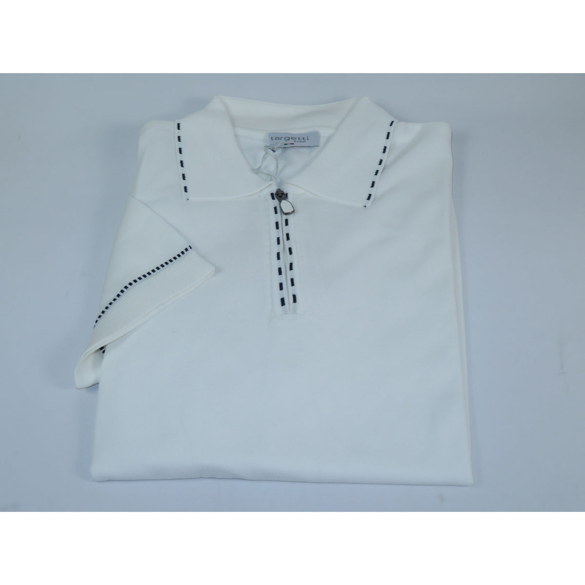 Mens Short Sleeves Fancy Polo Zipper Shirt by Targetti Rome 26605 White