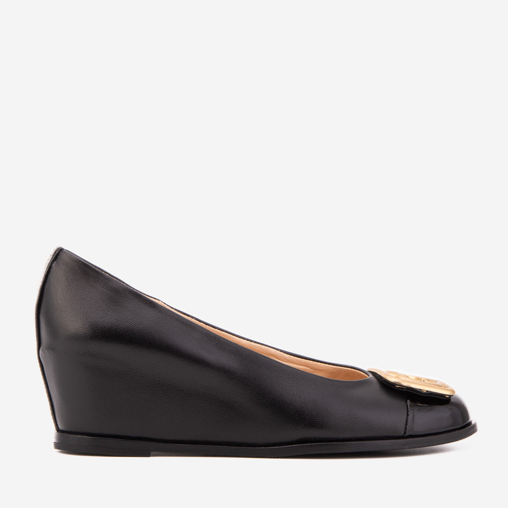 The Selene Black Leather Wedge Heel Women Shoe