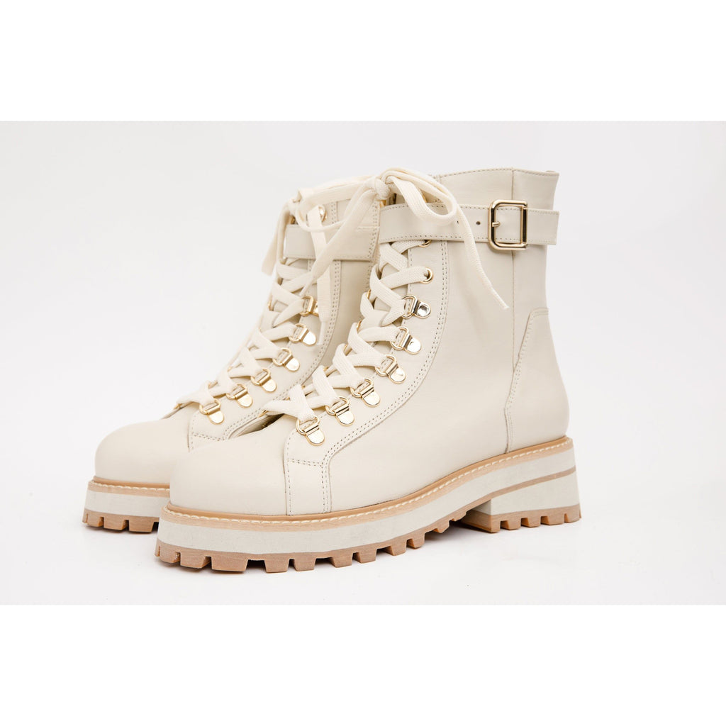 The Belgrano Cream Leather Lace-Up Ankle Women Boot With a Side Zipper