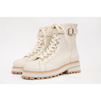 The Belgrano Cream Leather Lace-Up Ankle Women Boot With a Side Zipper