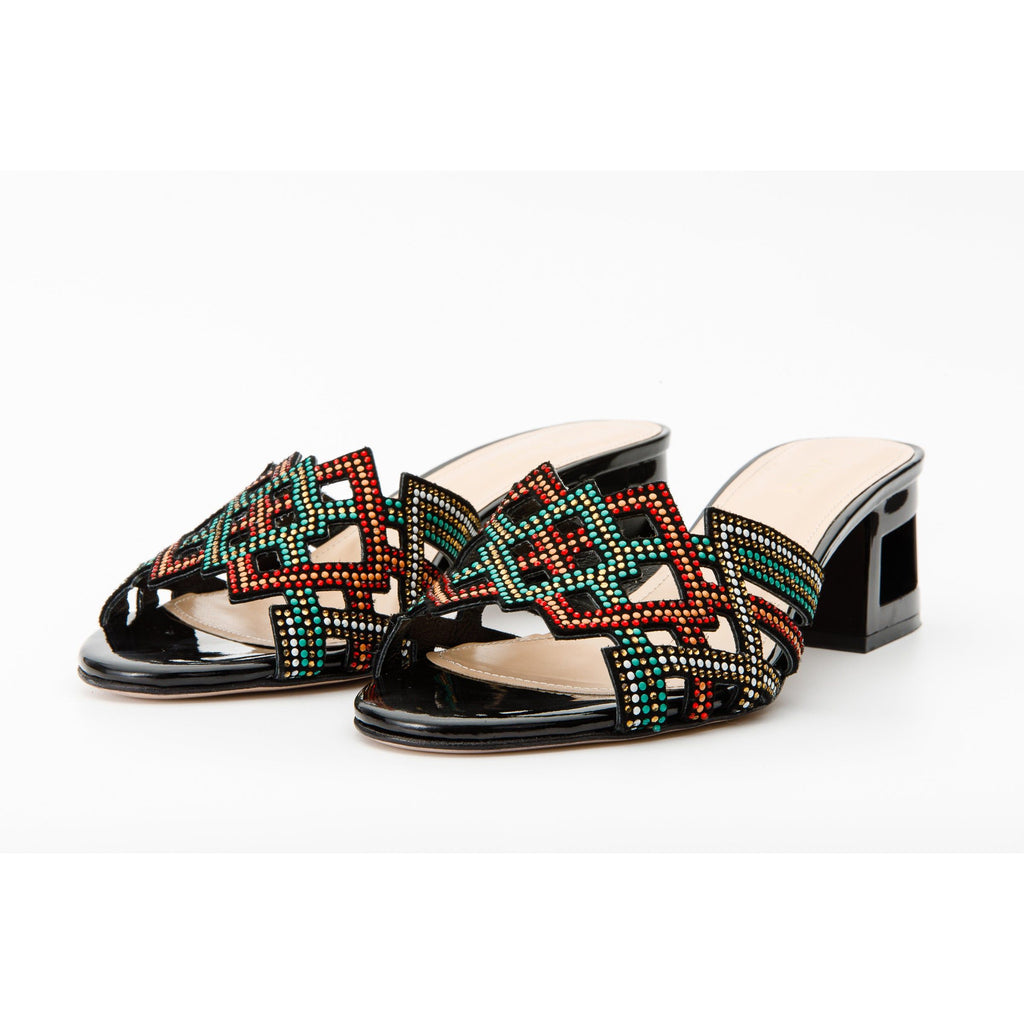 The Palma Black Glitter Leather Block Heel Women Sandal