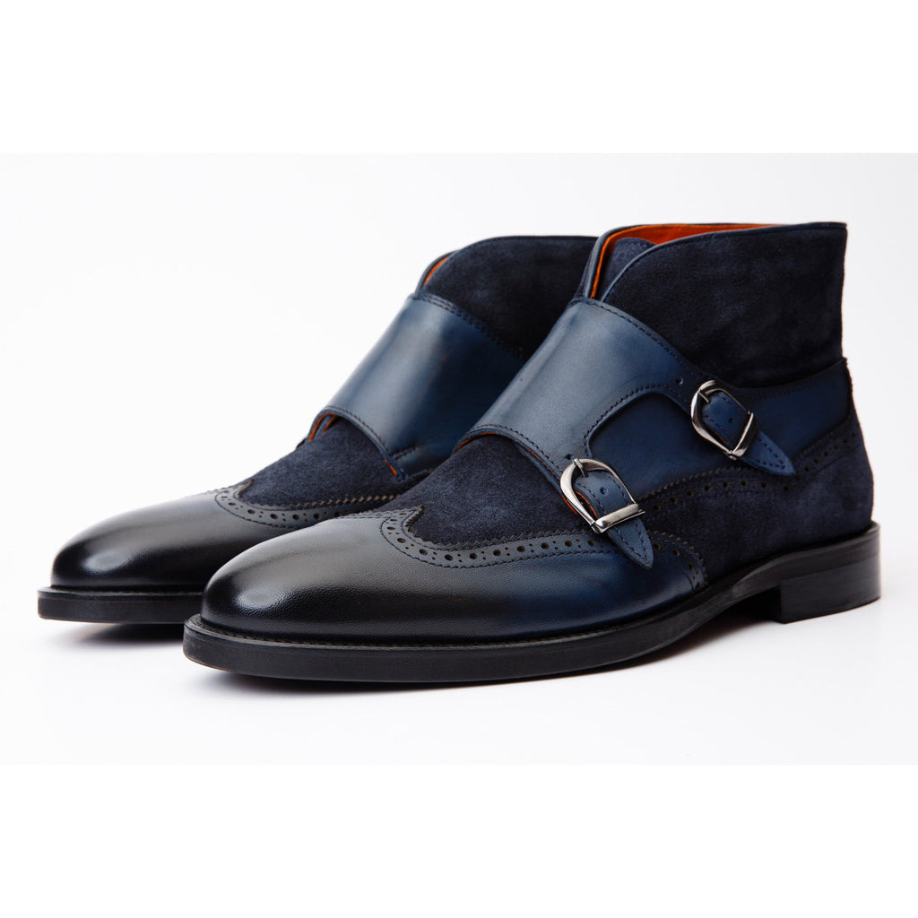The Albus Navy Blue Leather & Suede Double Strap Monk Brogue Men Boot