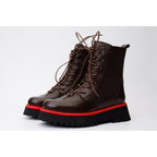 The Yildiz Brown Leather Lace-Up Ankle Women  Boot With a Side Zipper