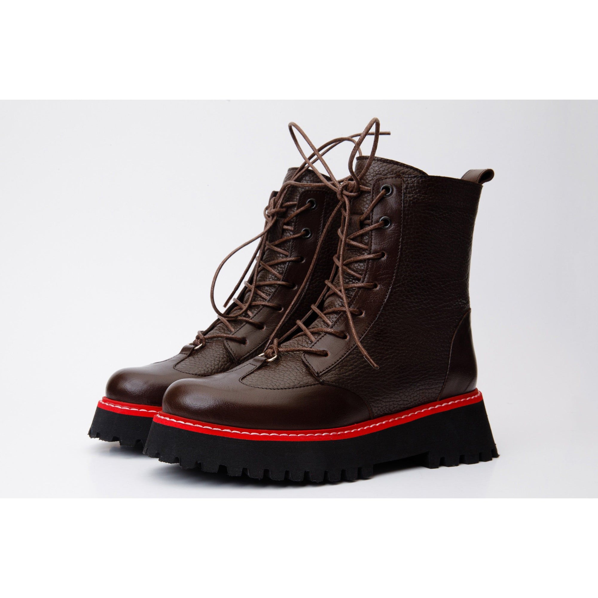 The Yildiz Brown Leather Lace-Up Ankle Women  Boot With a Side Zipper