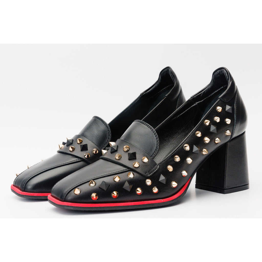 The Infanta Black Spike Leather Block Heel Pump Women Shoe