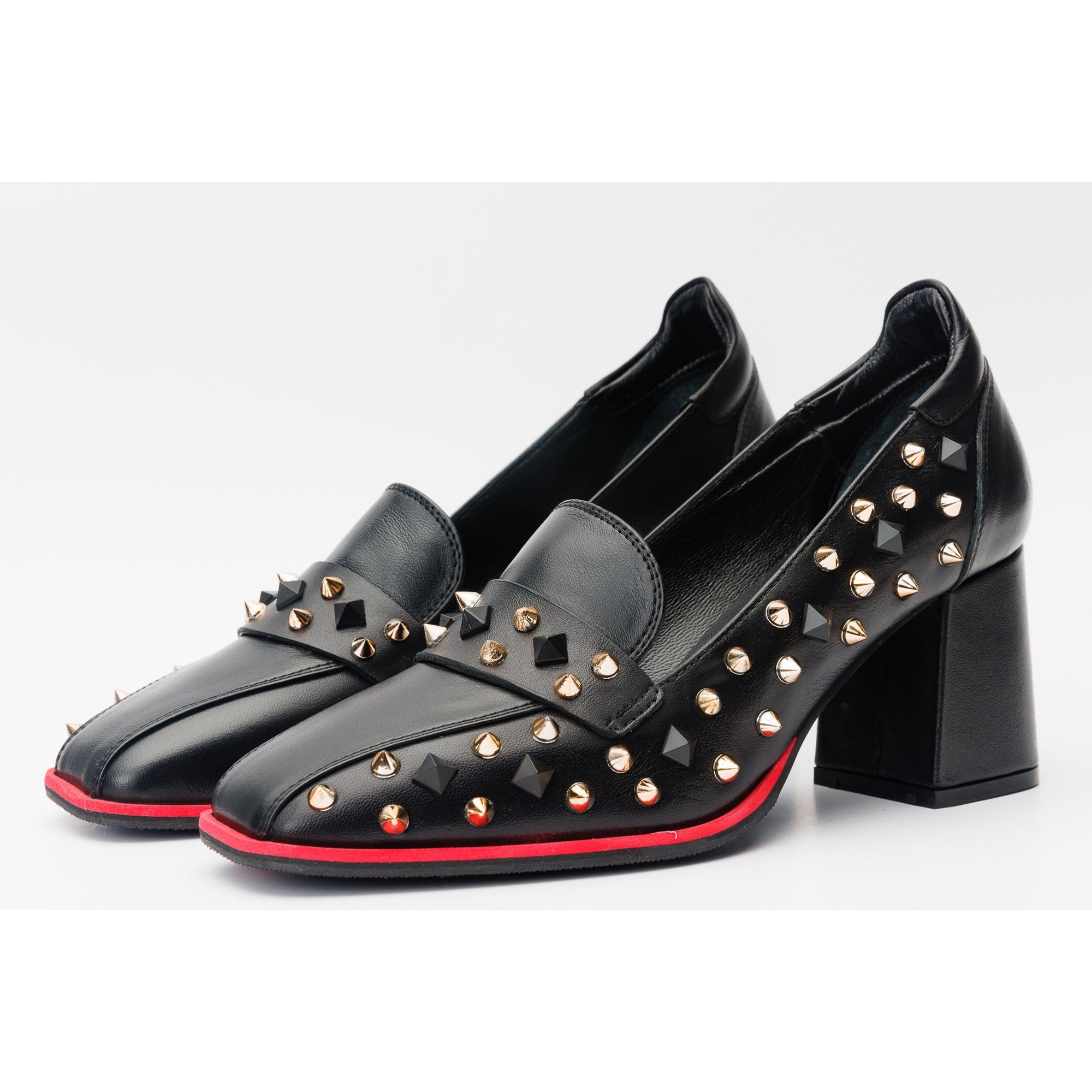 The Infanta Black Spike Leather Block Heel Pump Women Shoe