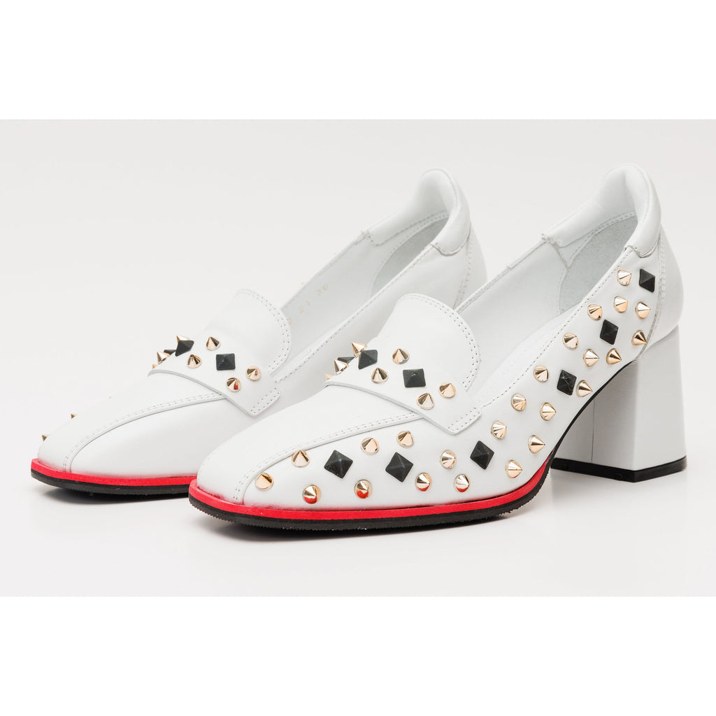 The Infanta White Spike Leather Block Heel Pump Women Shoe