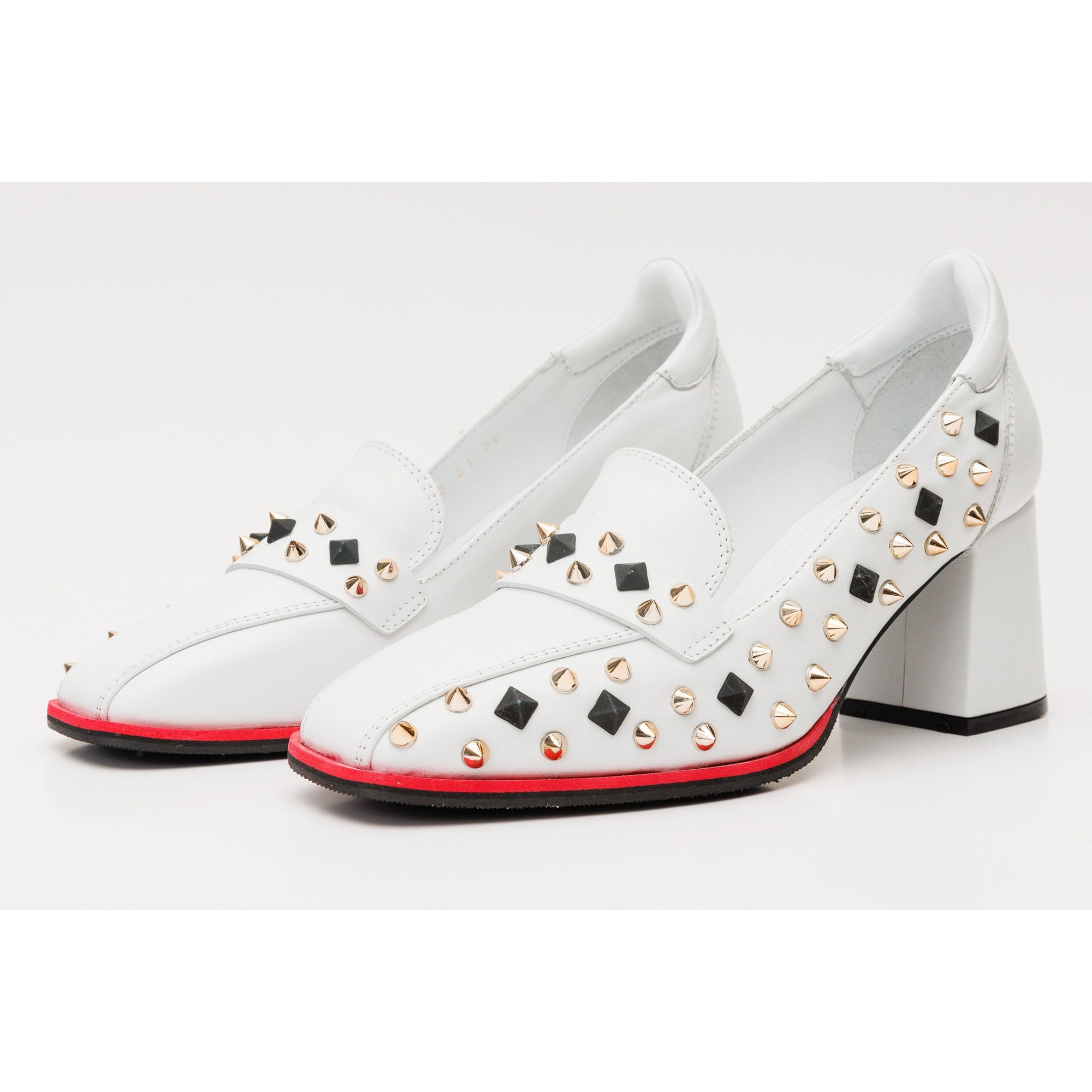 The Infanta White Spike Leather Block Heel Pump Women Shoe