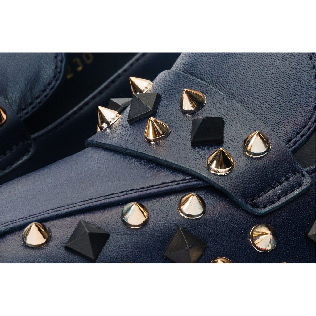 The Infanta Navy Blue Spike Leather Block Heel Pump Women Shoe
