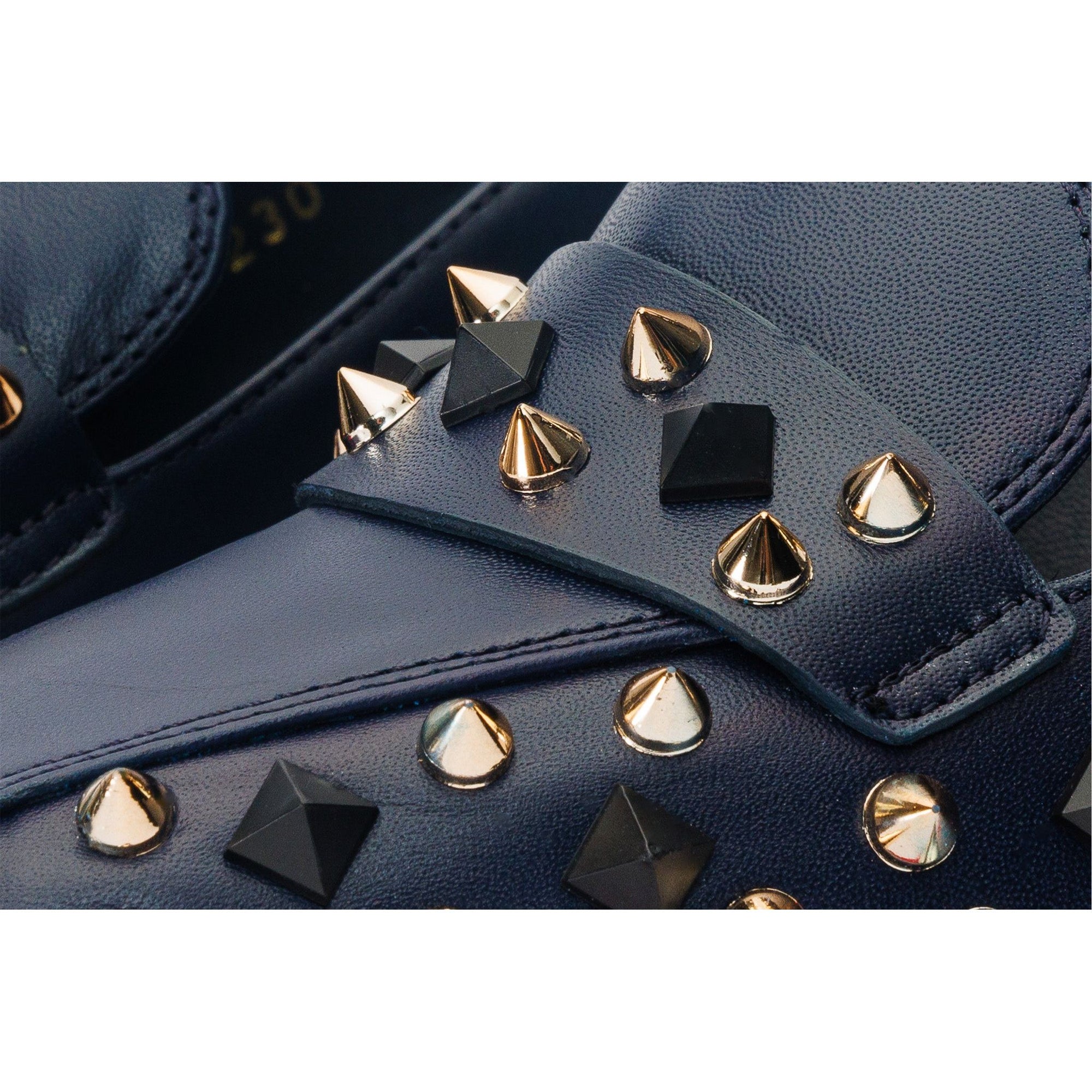 The Infanta Navy Blue Spike Leather Block Heel Pump Women Shoe