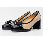 The Fano Beige Leather Cap Toe Block Heel Pump Women Shoe