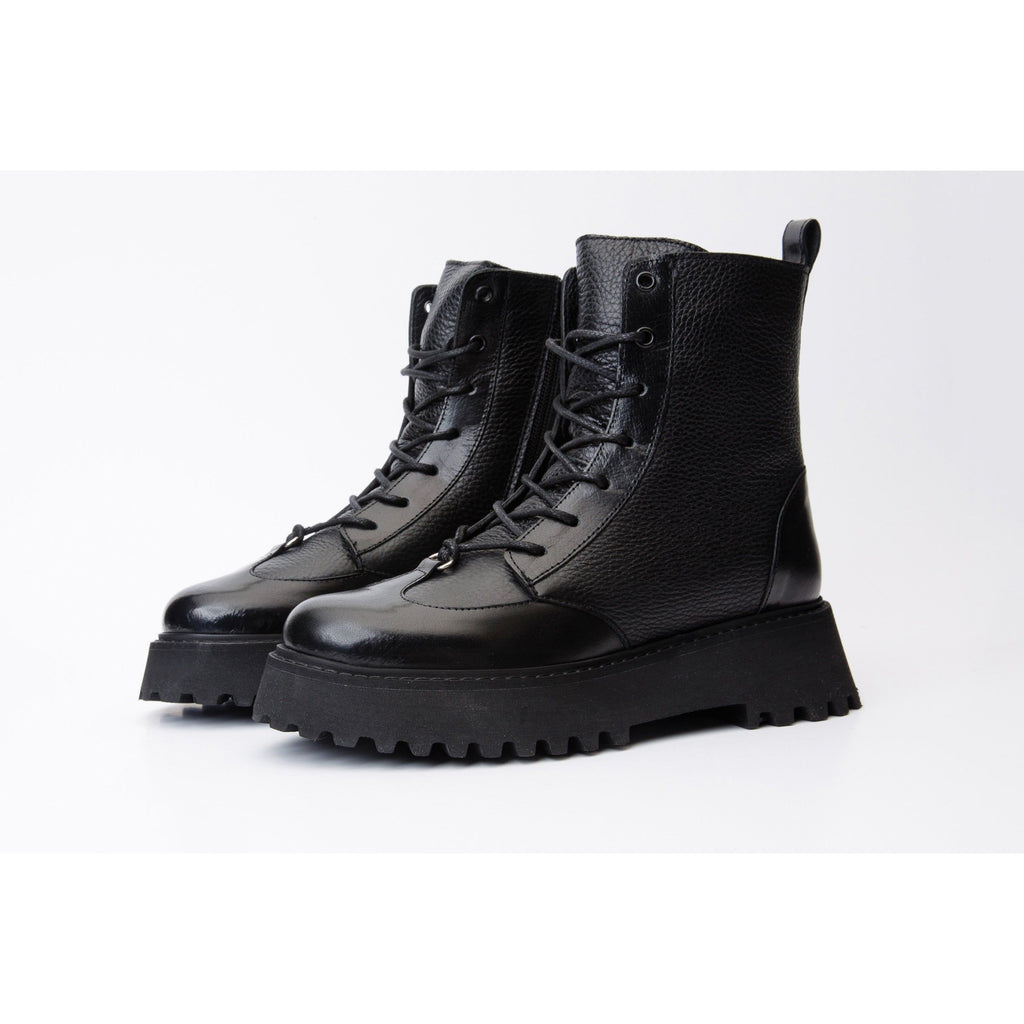The Yildiz Black Leather Lace-Up Ankle Women  Boot With a Side Zipper