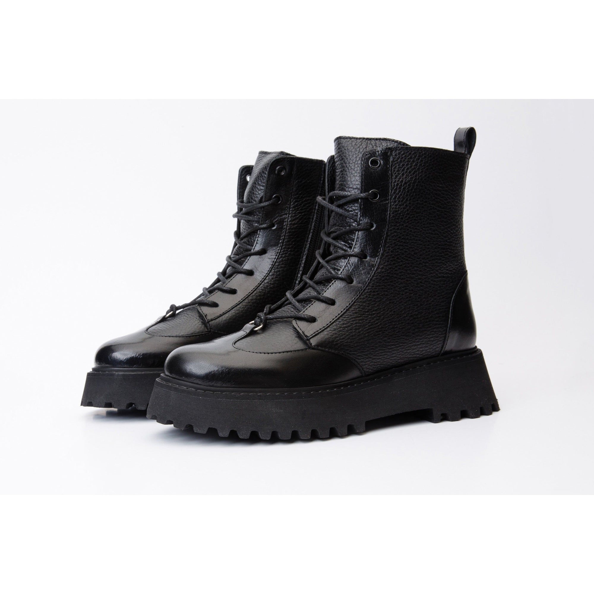 The Yildiz Black Leather Lace-Up Ankle Women  Boot With a Side Zipper
