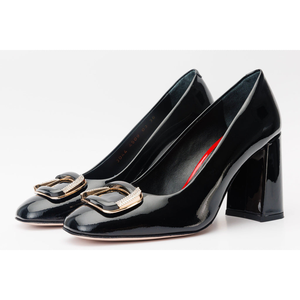The Ferrara Black Patent Leather Block Heel Pump Women Shoe