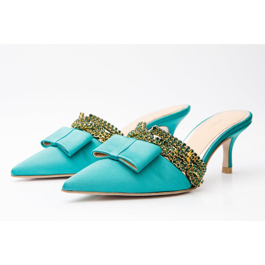 The Volga Green Leather Kitten Heel Pointy Toe Women Sandal Final Sale!