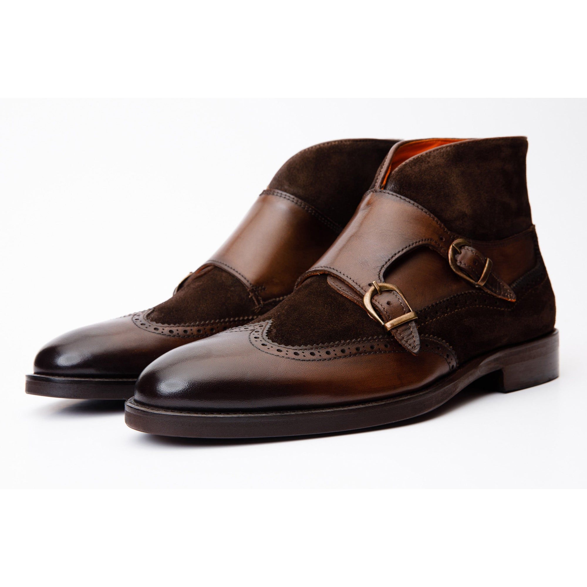 The Albus Brown Leather & Suede Double Strap Monk Brogue Men Boot