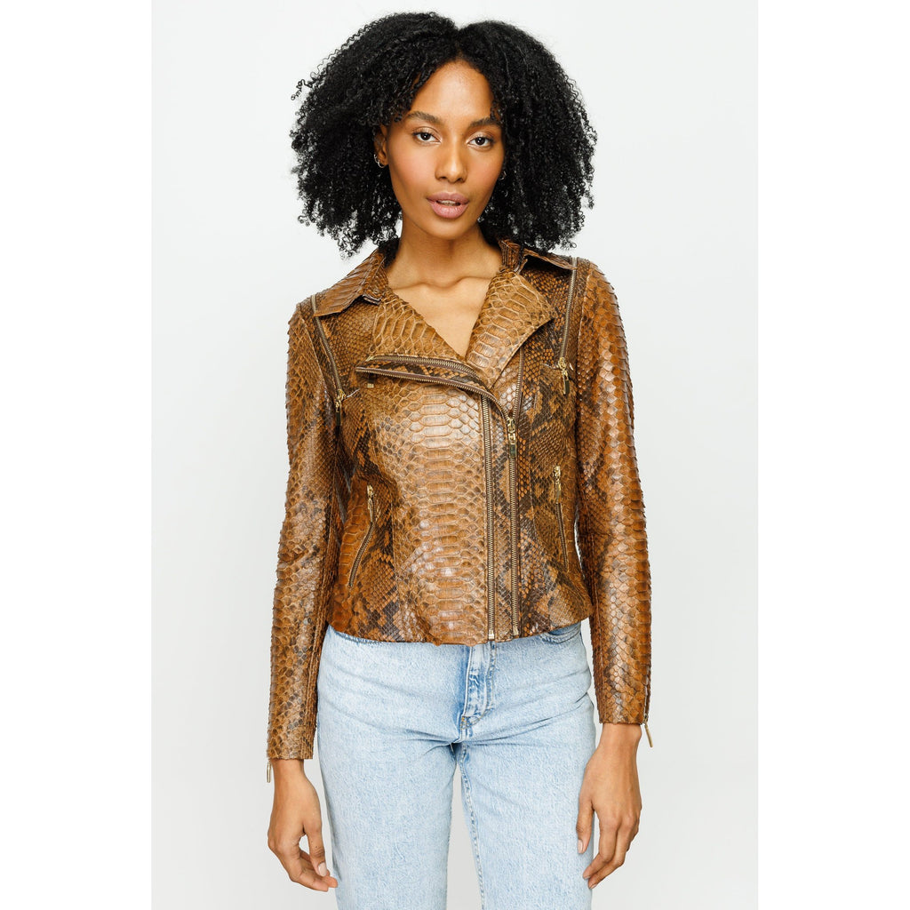 The Queen Pythn Skin Tan Leather Women Jacket