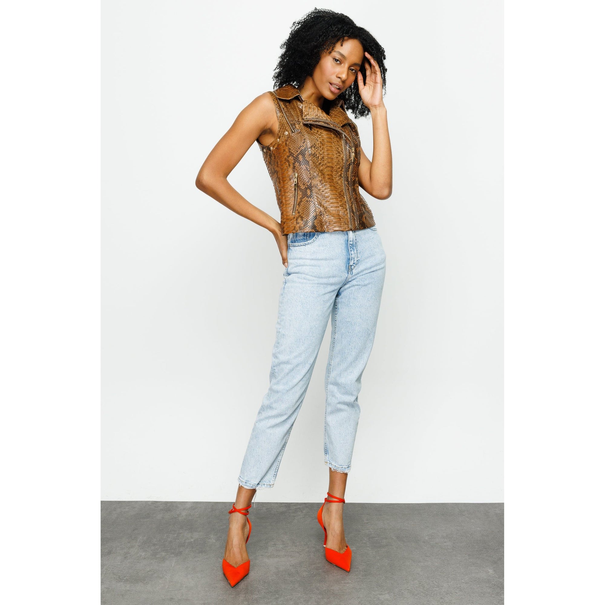 The Queen Pythn Skin Tan Leather Women Jacket