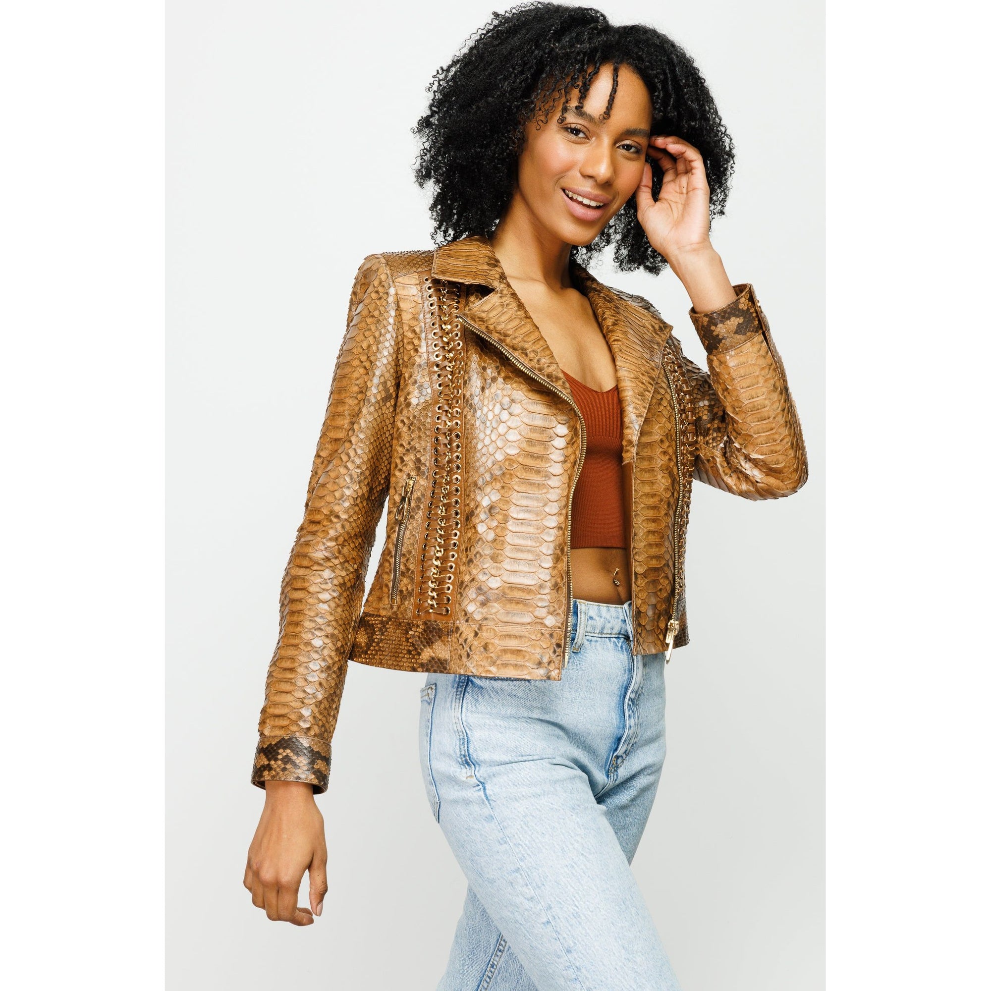 The Nayro Snake Tan Leather Women Jacket