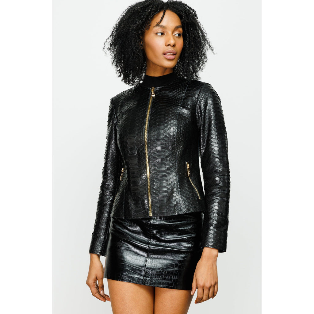 The Mekke Snake Skin Black Leather Women Jacket
