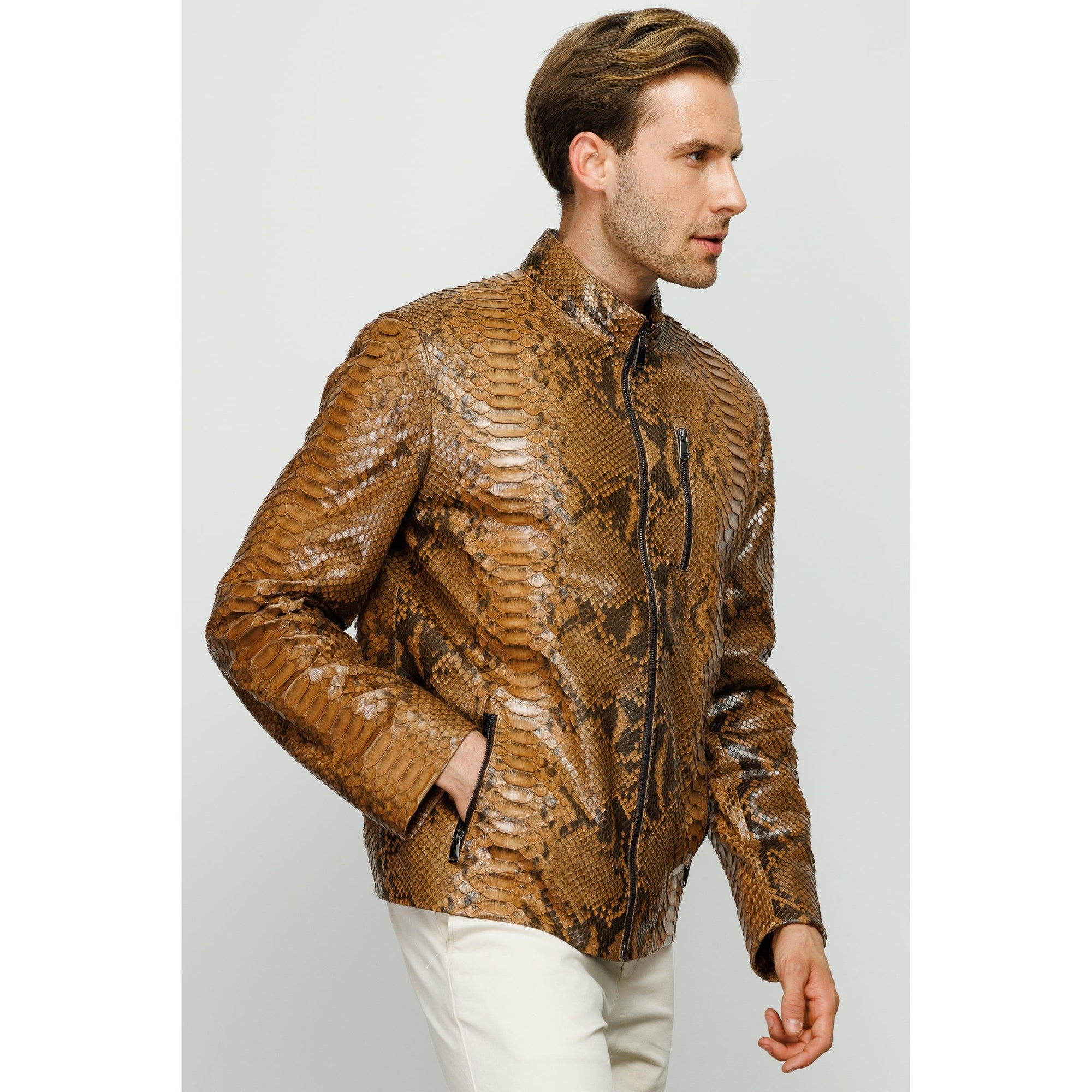 Vinci The Boss Snake Tan Leather Men Jacket