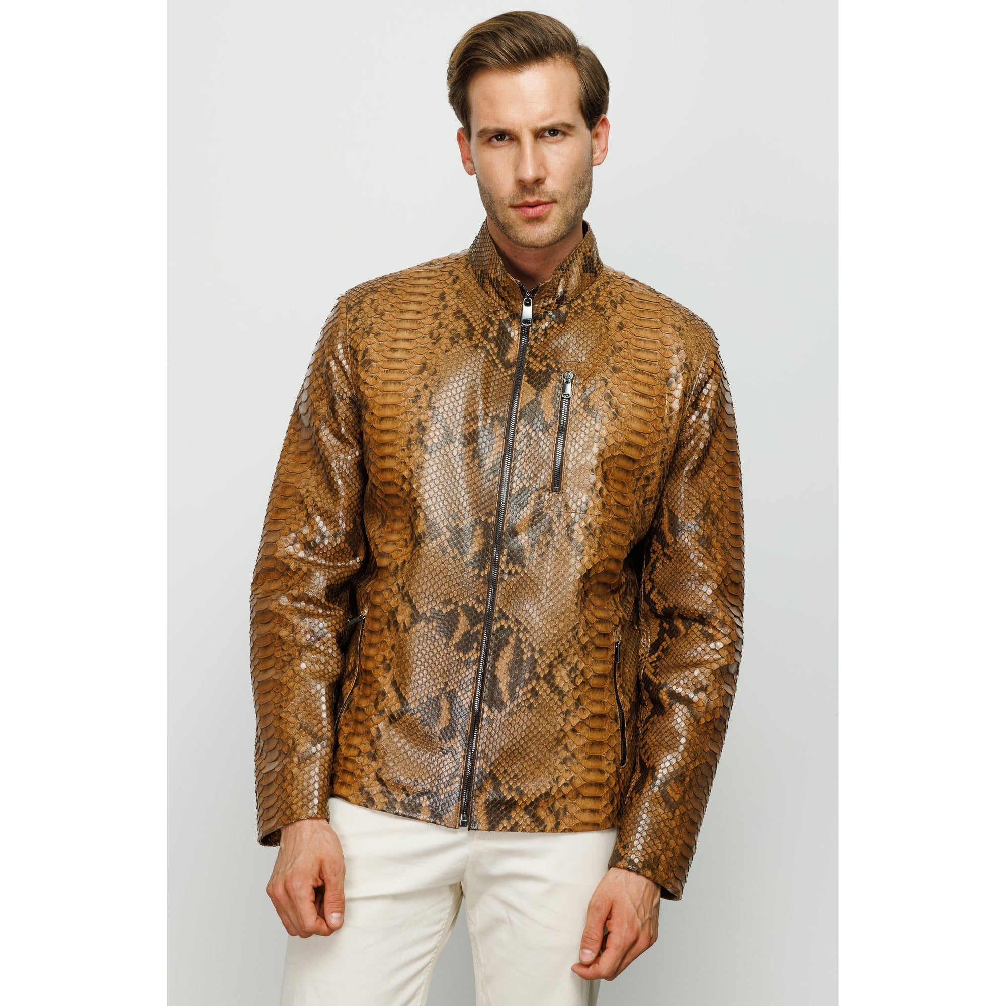 Vinci The Boss Snake Tan Leather Men Jacket