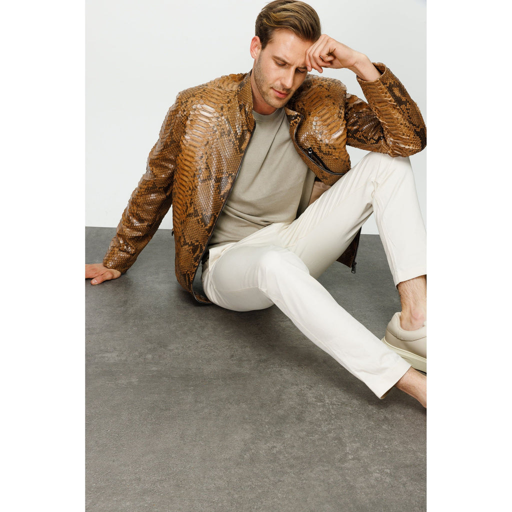 Vinci The Boss Snake Tan Leather Men Jacket