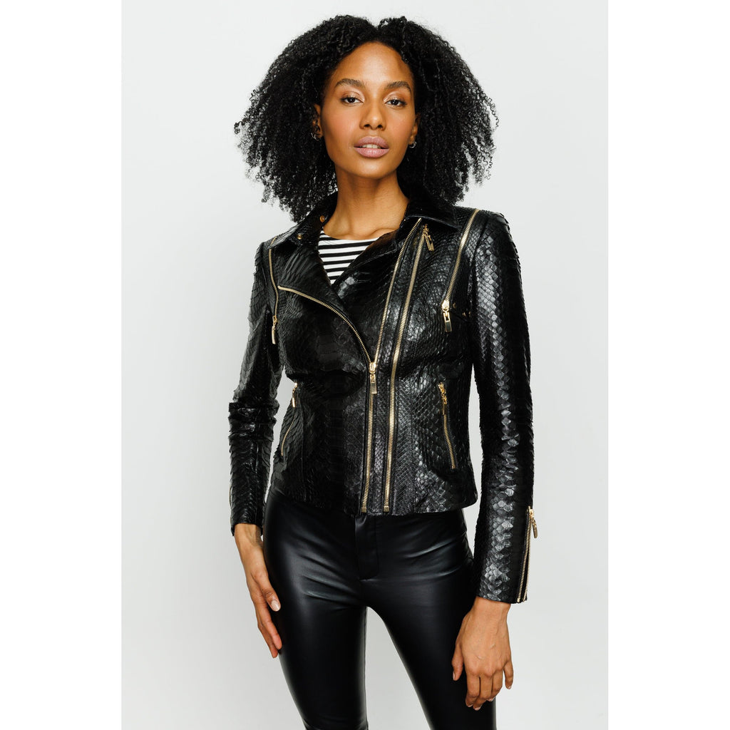 The Queen Pythn Skin Black Leather Women Jacket