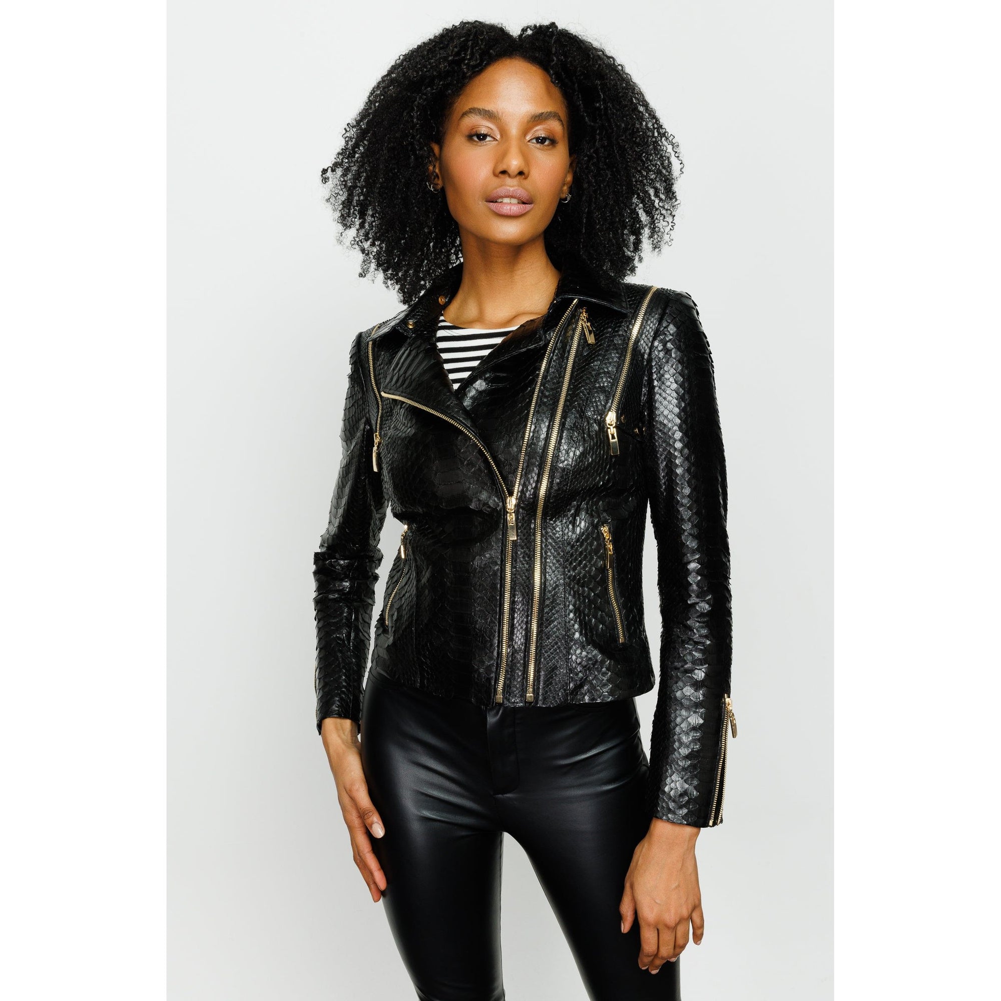 The Queen Pythn Skin Black Leather Women Jacket