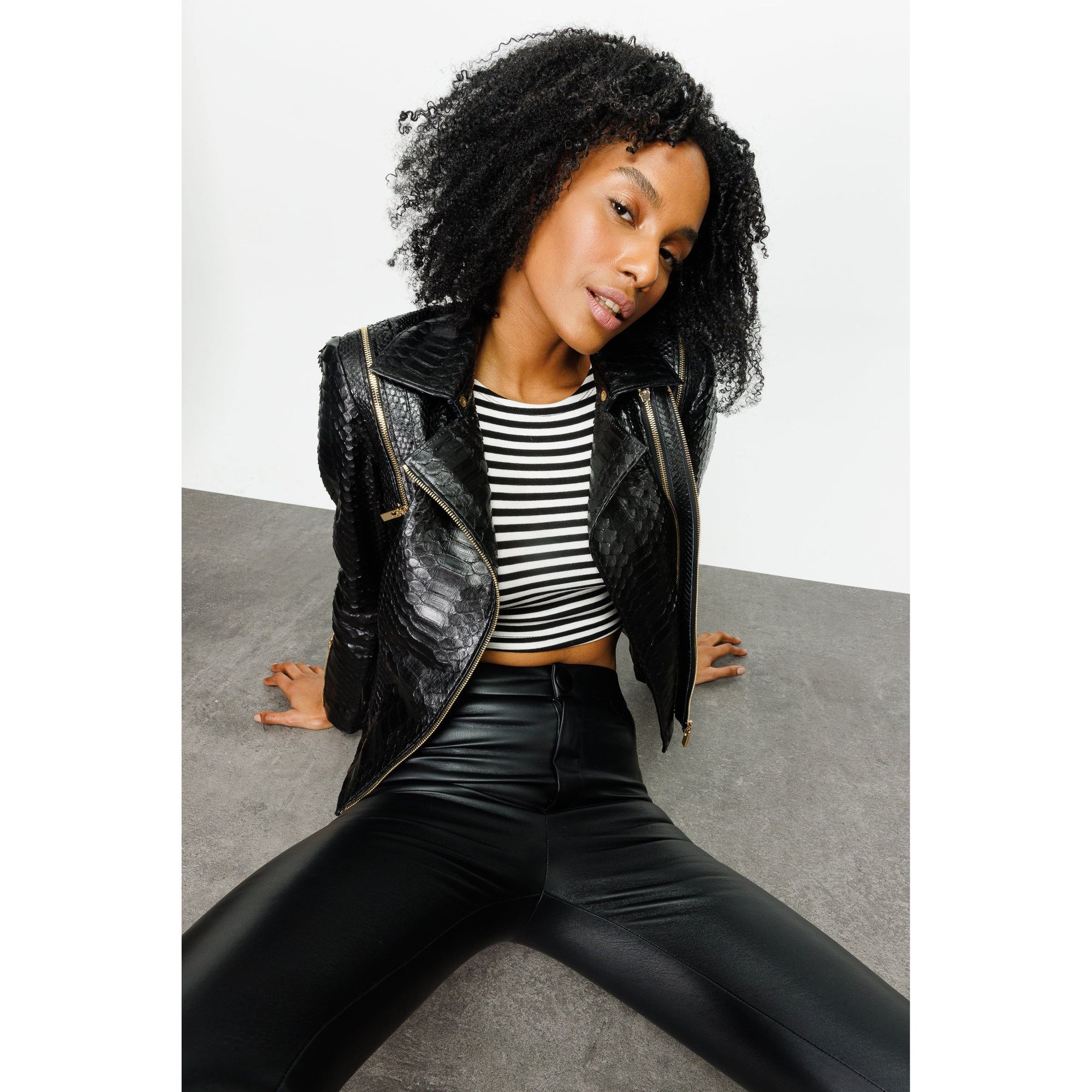 The Queen Pythn Skin Black Leather Women Jacket