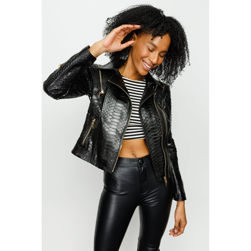 The Queen Pythn Skin Black Leather Women Jacket