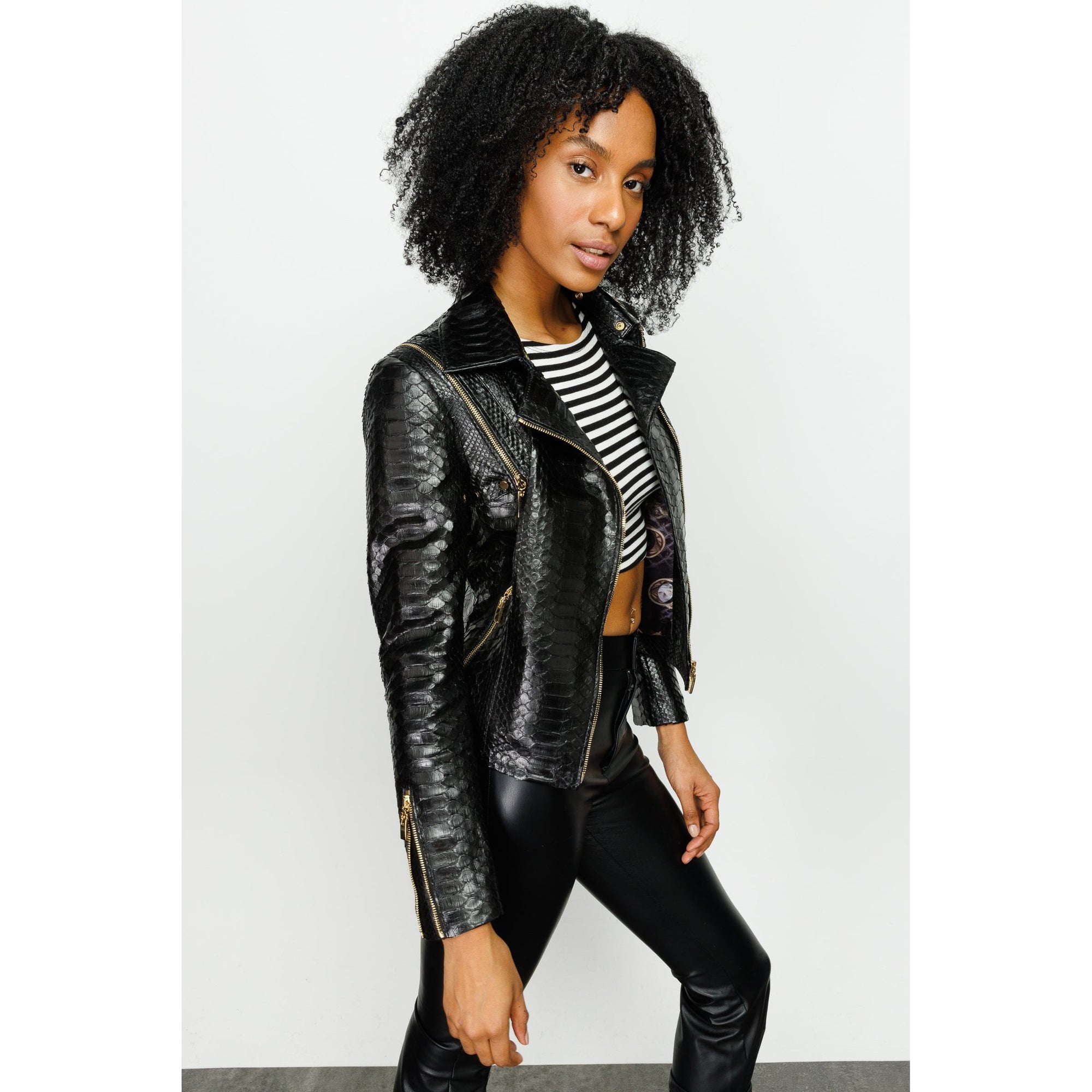 The Queen Pythn Skin Black Leather Women Jacket