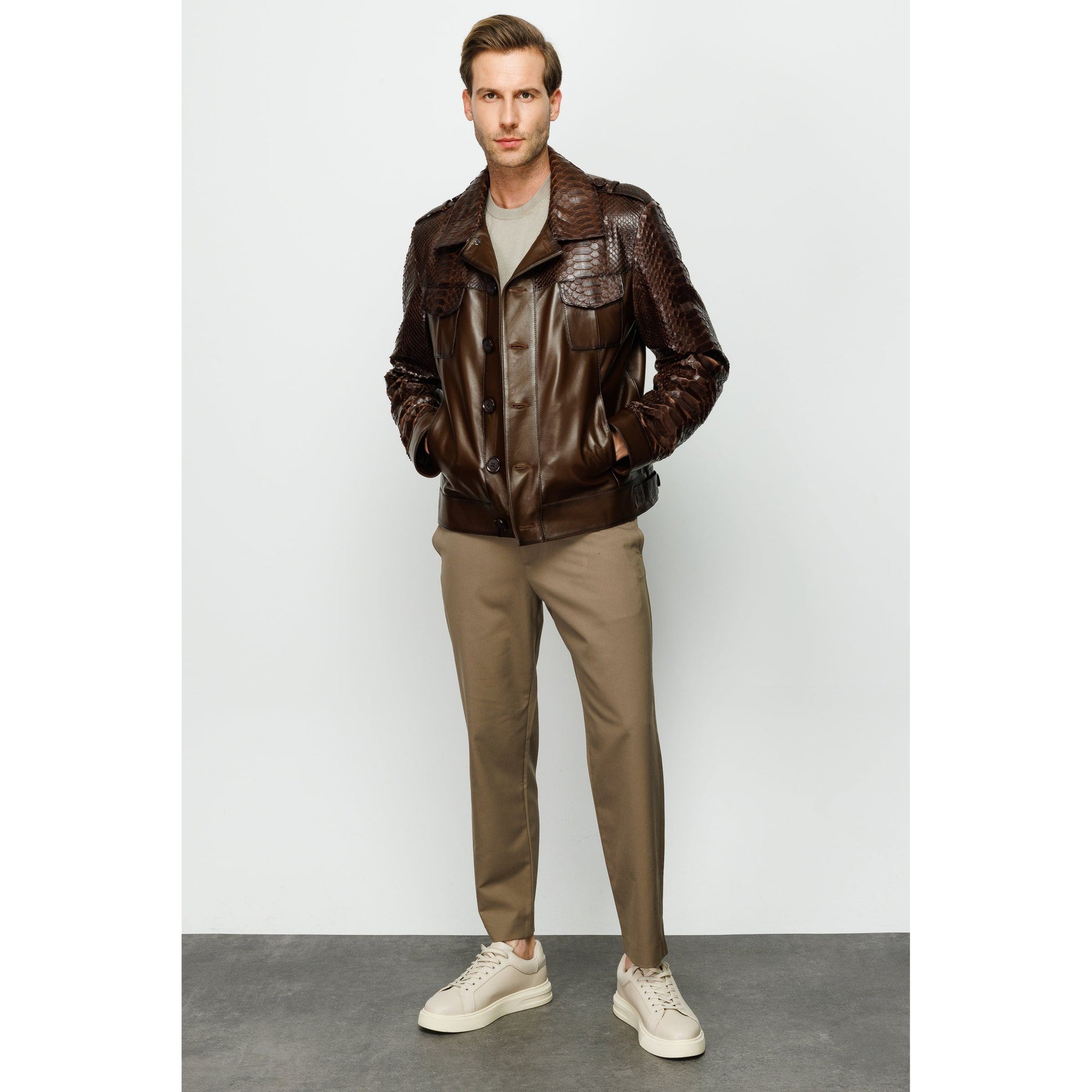 The Manteca Pythn Skin Brown Leather Men Jacket
