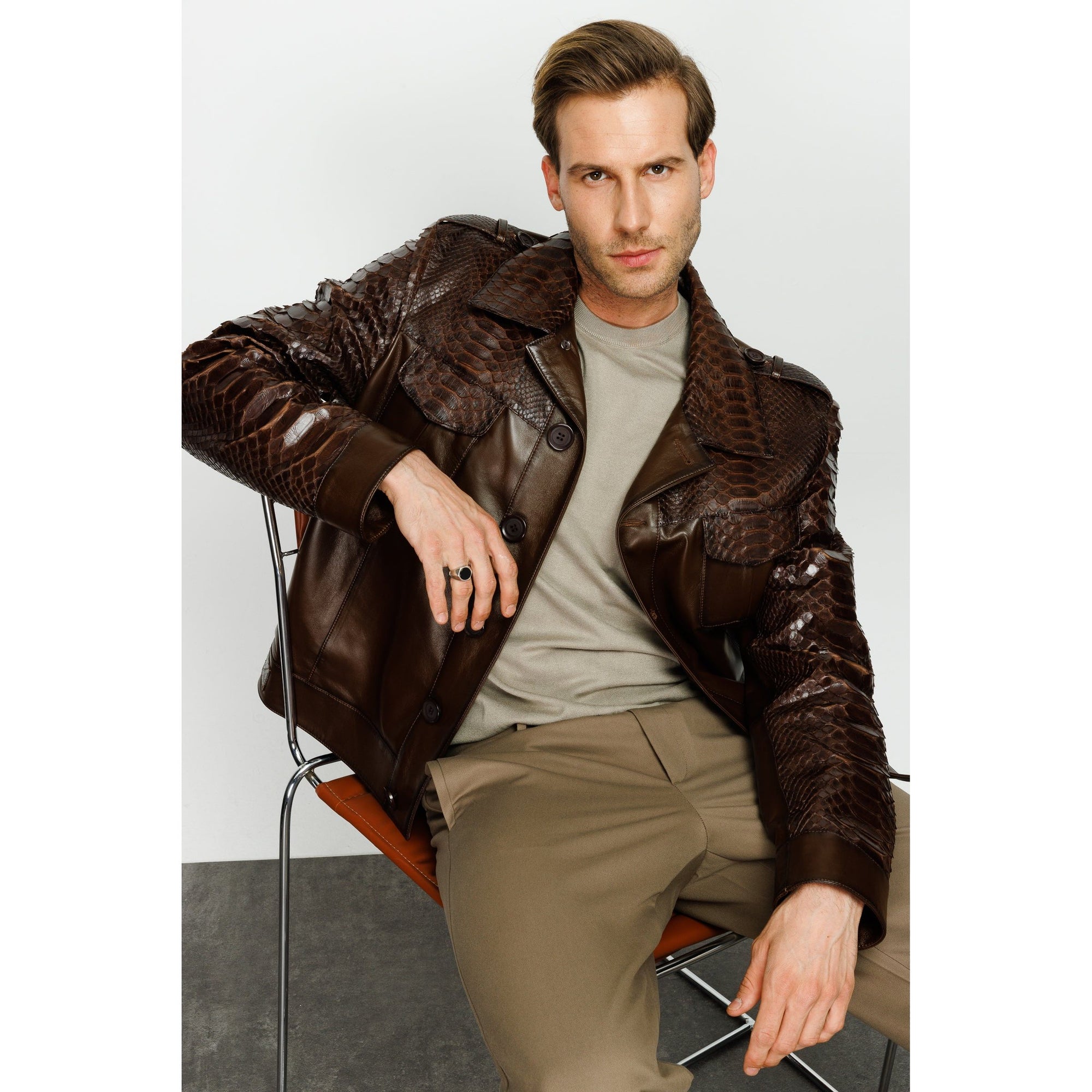 The Manteca Pythn Skin Brown Leather Men Jacket