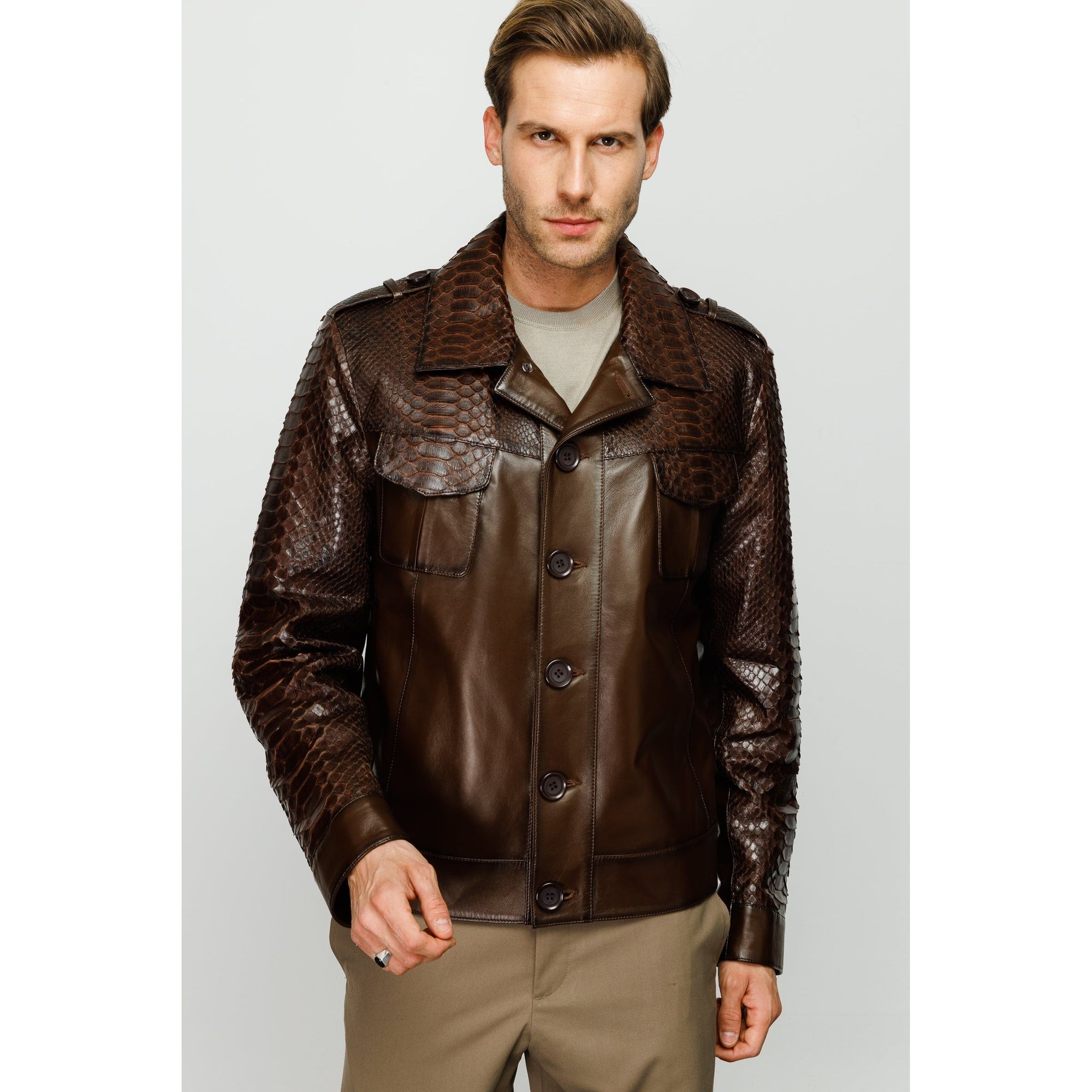 The Manteca Pythn Skin Brown Leather Men Jacket