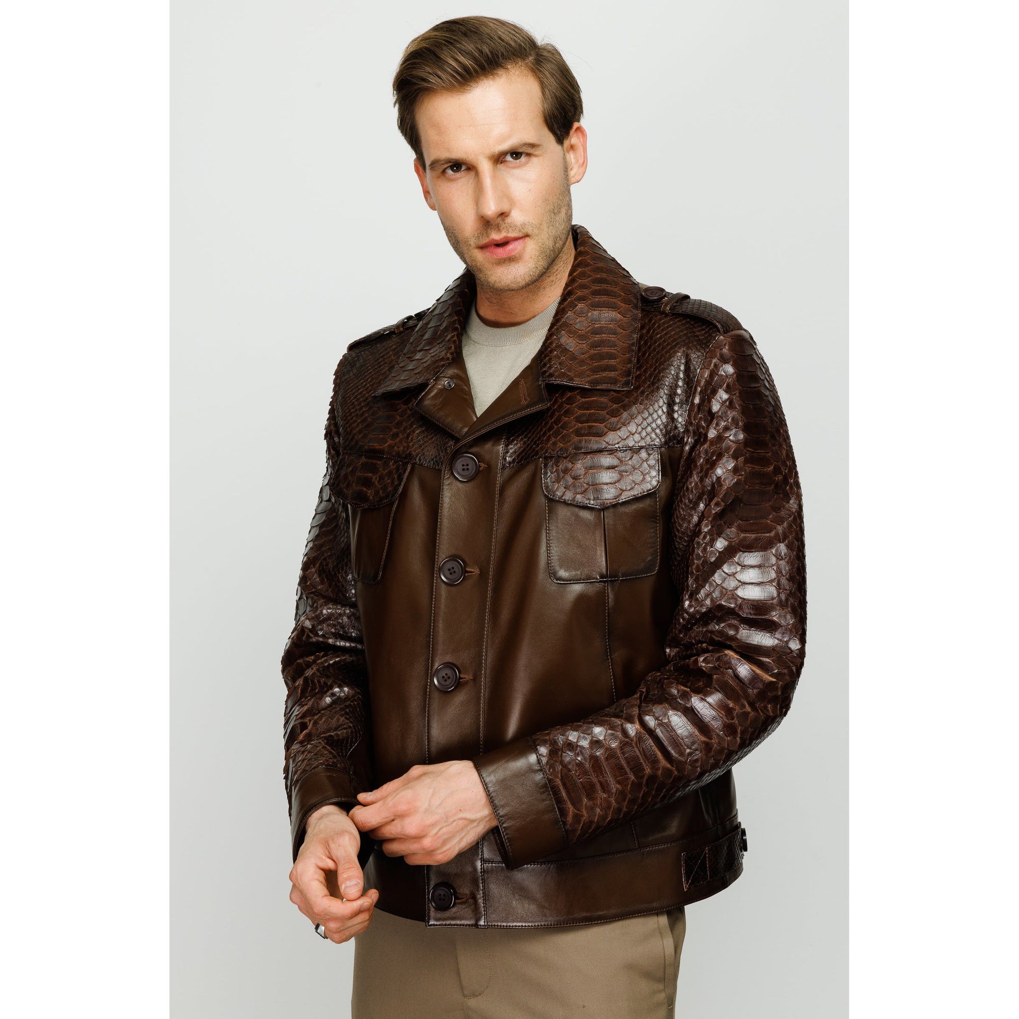 The Manteca Pythn Skin Brown Leather Men Jacket