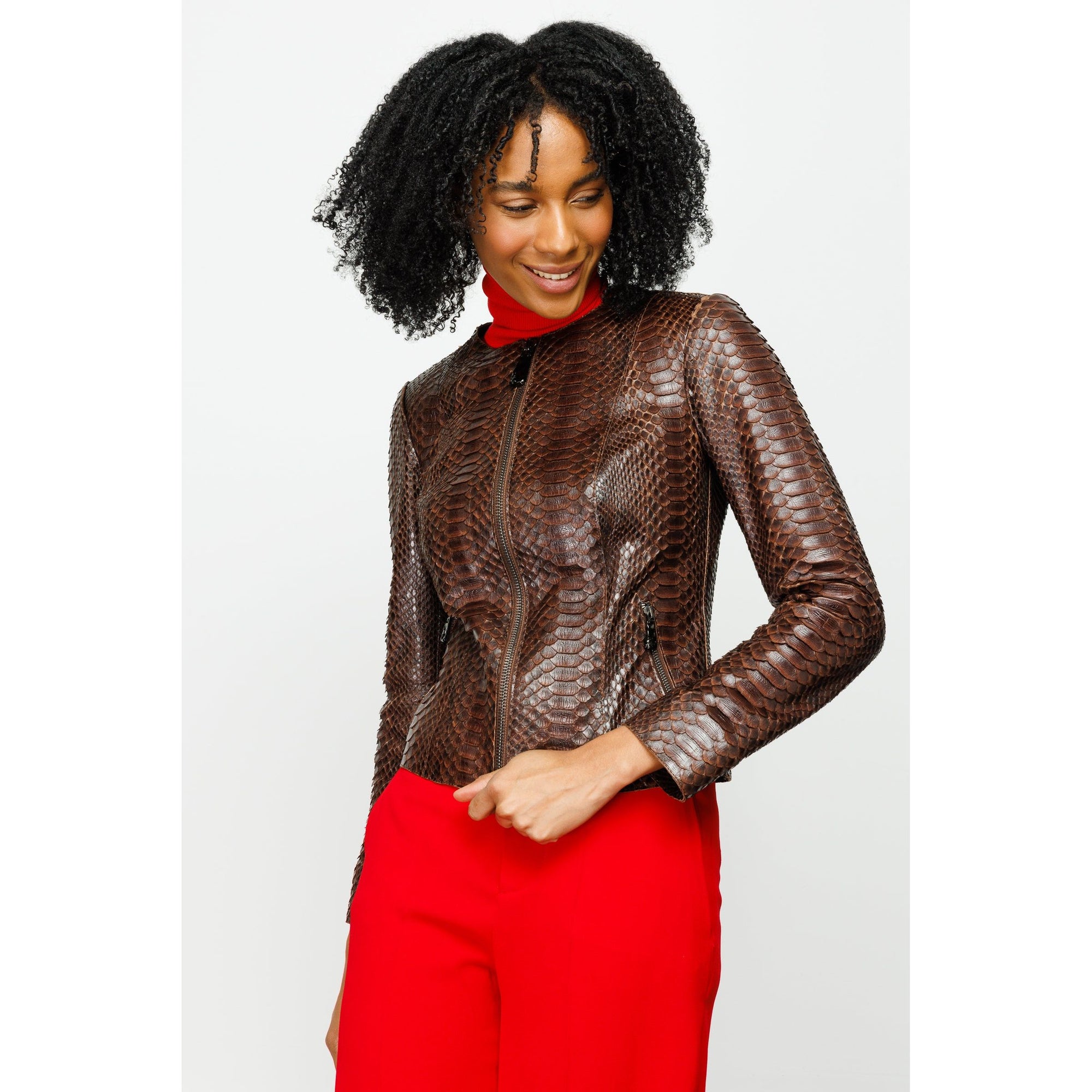 The Mekke Pythn Skin Brown Leather Women Jacket