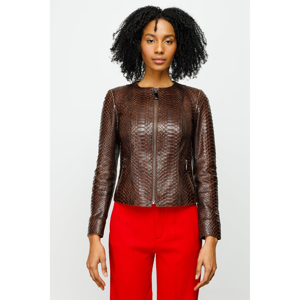 The Mekke Pythn Skin Brown Leather Women Jacket