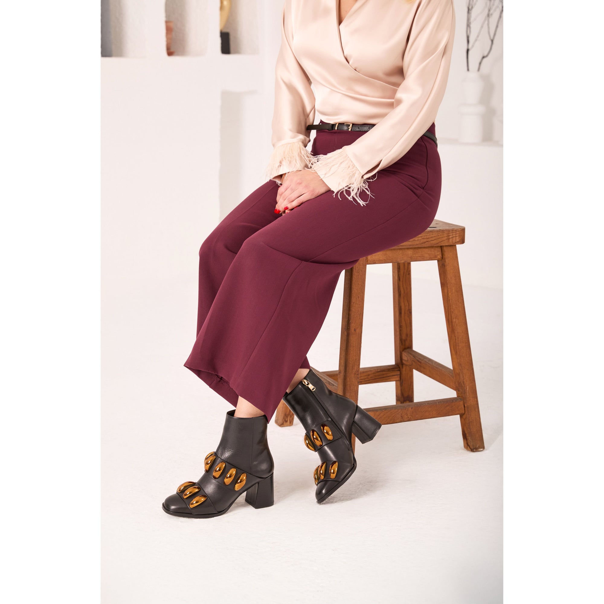 The Eclipse Black & Gold Leather Block Heel Women Boot